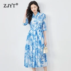 ZJYT Fashion Women's Blue Print Chiffon Dress Summer Clothes 2024 Turn Down Collar Sashes Casual Midi Dresses Elegant Vestidos