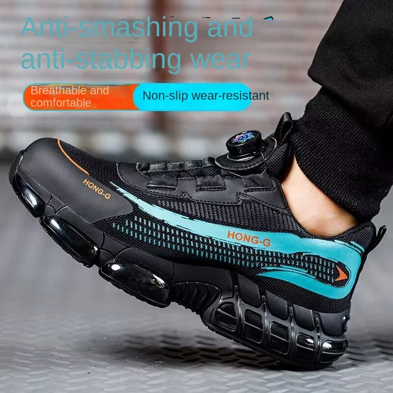 2024 Men's Safety Shoes Knob Buckle Air Sole Tennis Sports Shoes Anti Smashing and Anti Stabbing Safety Steel Headed Work Shoes