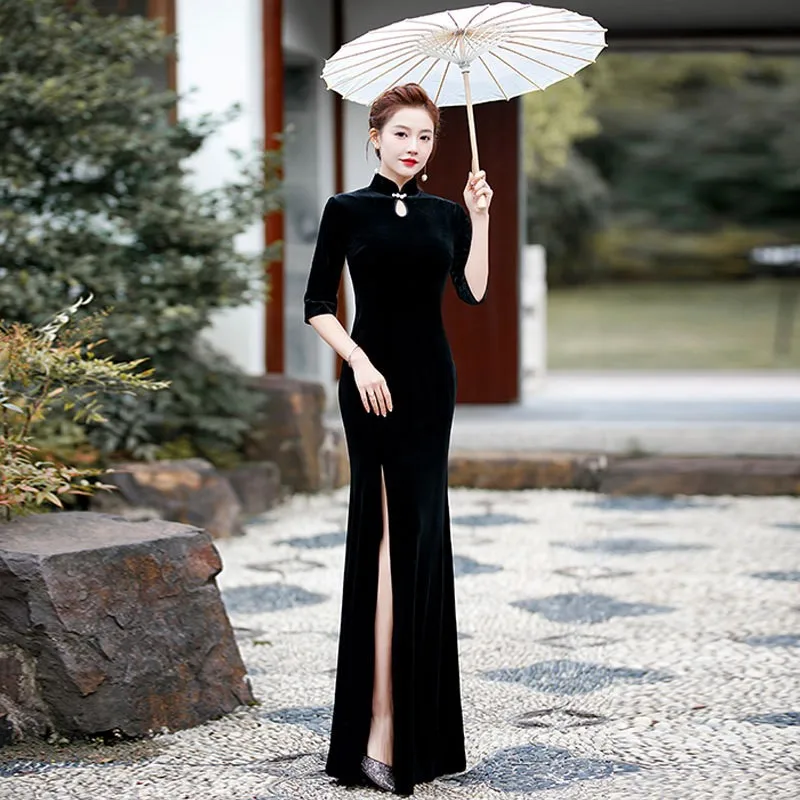 

Velvet performance cheongsam long-sleeved and elegant light fashion show etiquette body shaping instructor uniform