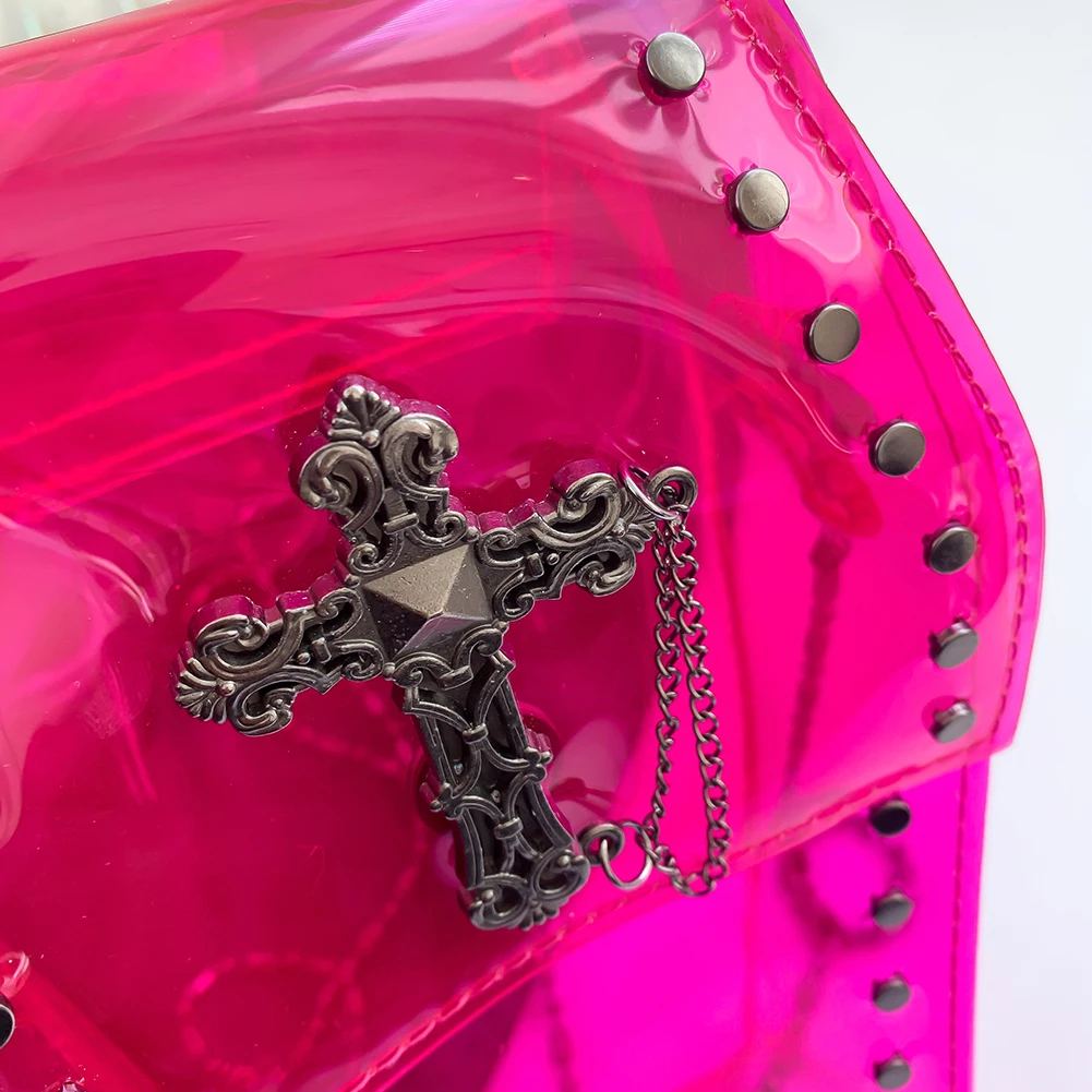 

Женская мини-сумка на цепочке в стиле панк, сумка на ремне из ПВХ с крестом для гроба, маленькая прозрачная сумка, одобренная стадионом сумка для телефона