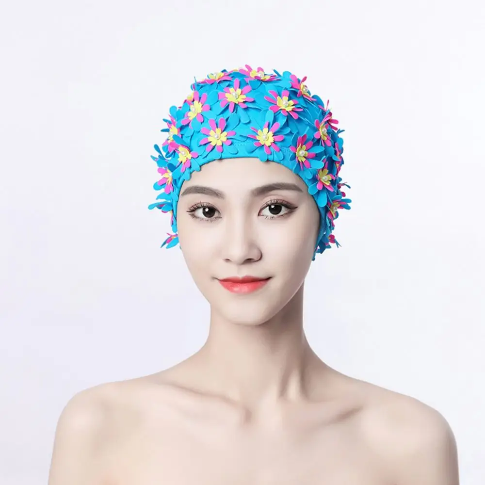 Beach Swimming Cap Pearl Floral Petal Swim Cap Flower Long Hair Swimming Hat Elastic Breathable Flower Swimming Cap Water Sports