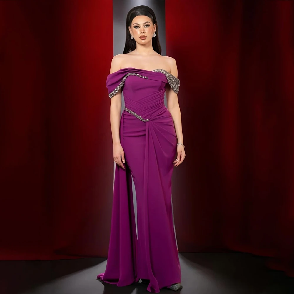 

Elegant Evening Dresses Off Shoulder Sleeveless Prom Dress Slit Beading Pleat Mermaid Gala Wedding Guest Party Dress Customized