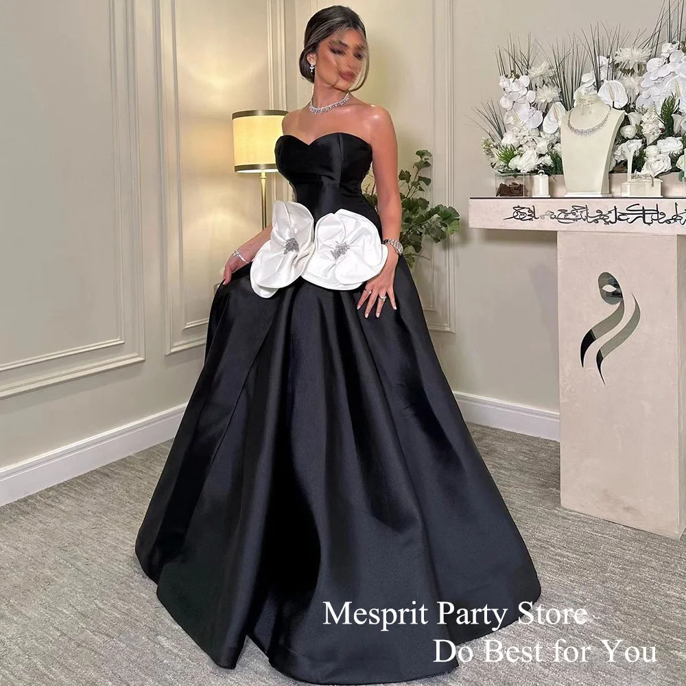 Mesprit Elegant Evening Dress for Woman Sweetheart Sleeveless Big Flowers A Line Satin Black Prom Dresses Princess Party Gown