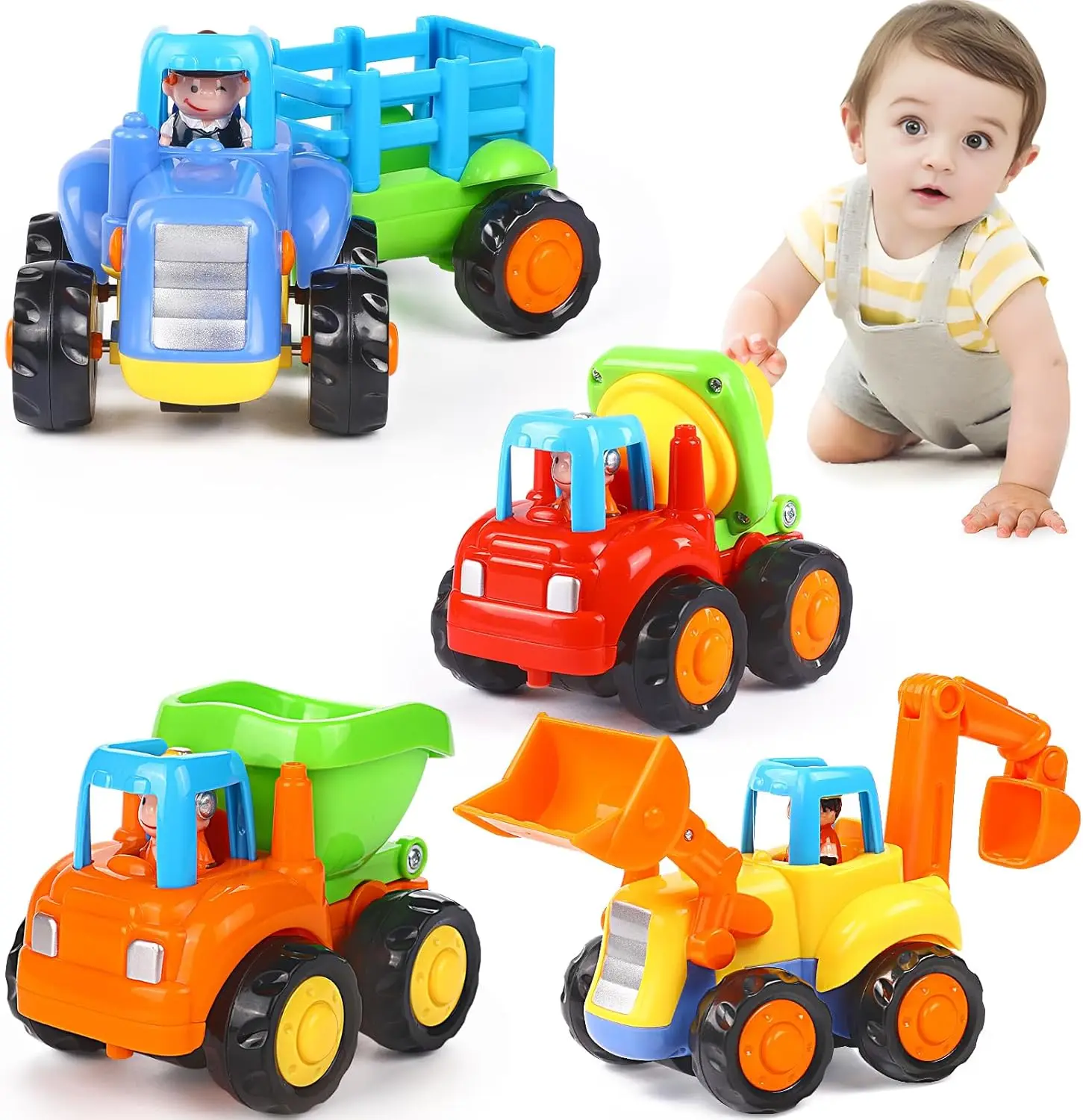 

Friction Powered Engineering Vehicles Set - Push and Go Cars for Toddlers, 4PCS Tractor Bulldozer Dumper Cement Mixer Toys for Kids