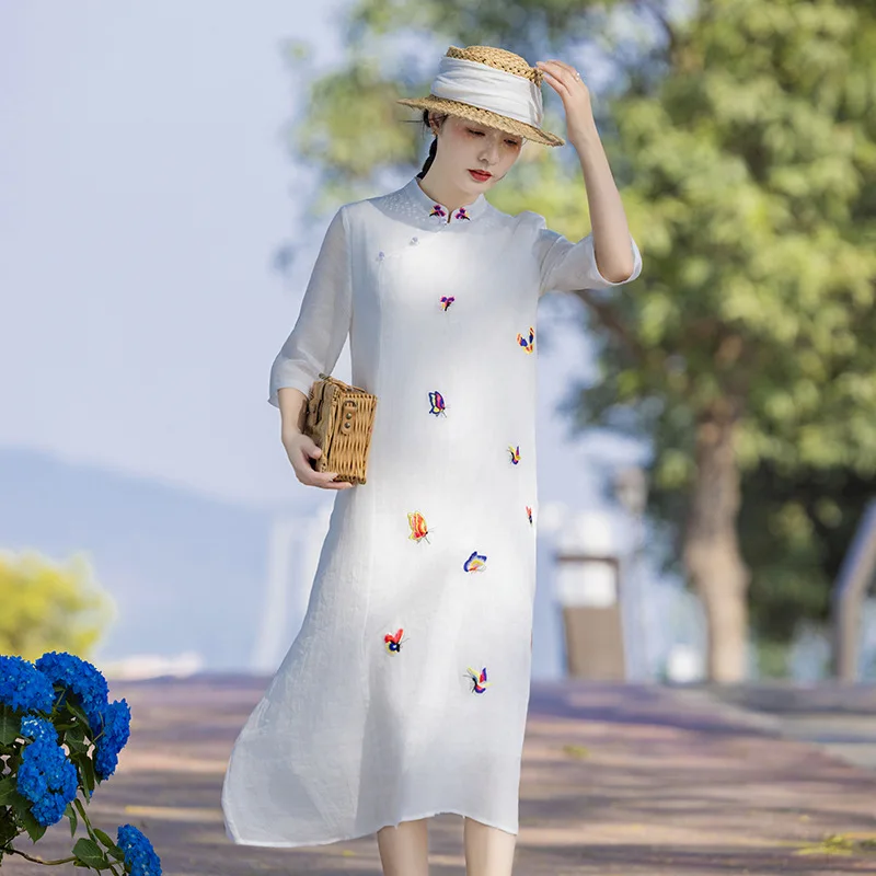 

Cotton and linen women's ramie dress stand-up collar Chinese style retro improved cheongsam fashion casual versatile simple temp