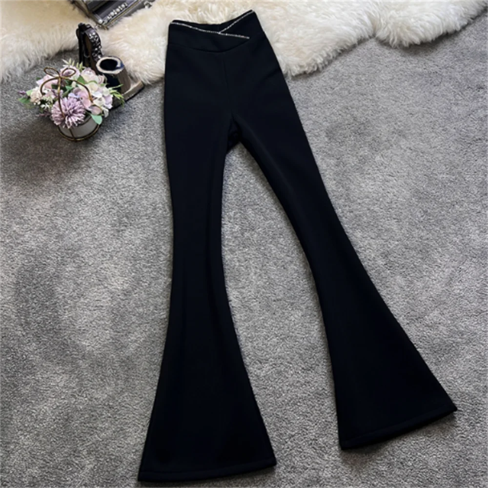 

Drill V-waist black horn trousers women's new casual high-waisted slim flare trousers