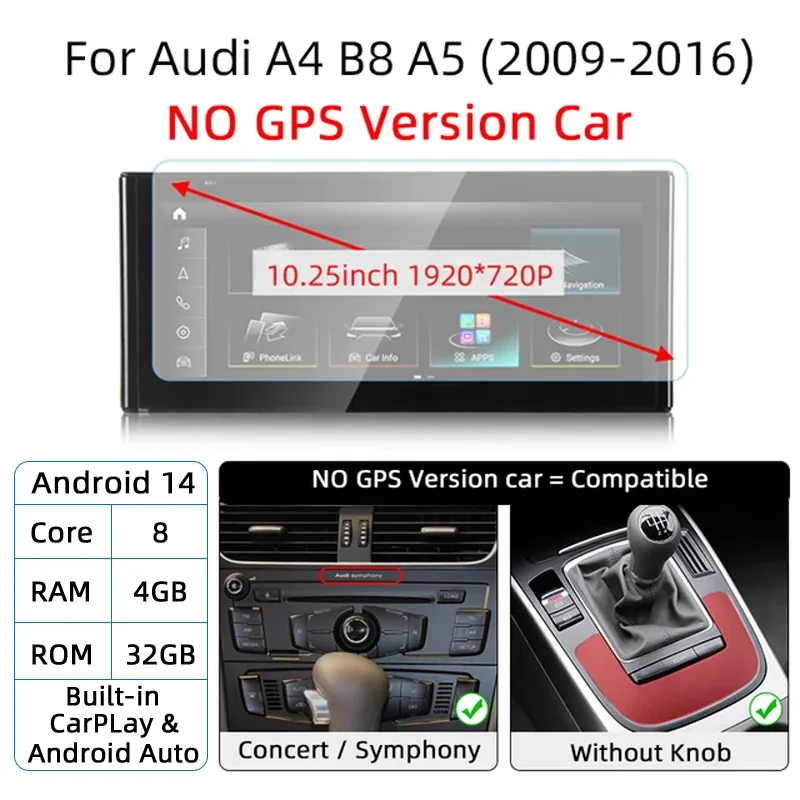 Nunoo Für Audi A4 B8 A5 2008-2017 MMI 2G 3G Android 14 Drahtlose Carplay Auto Radio Bildschirm auto Multimedia-Player GPS Navi Stereo DSP 9