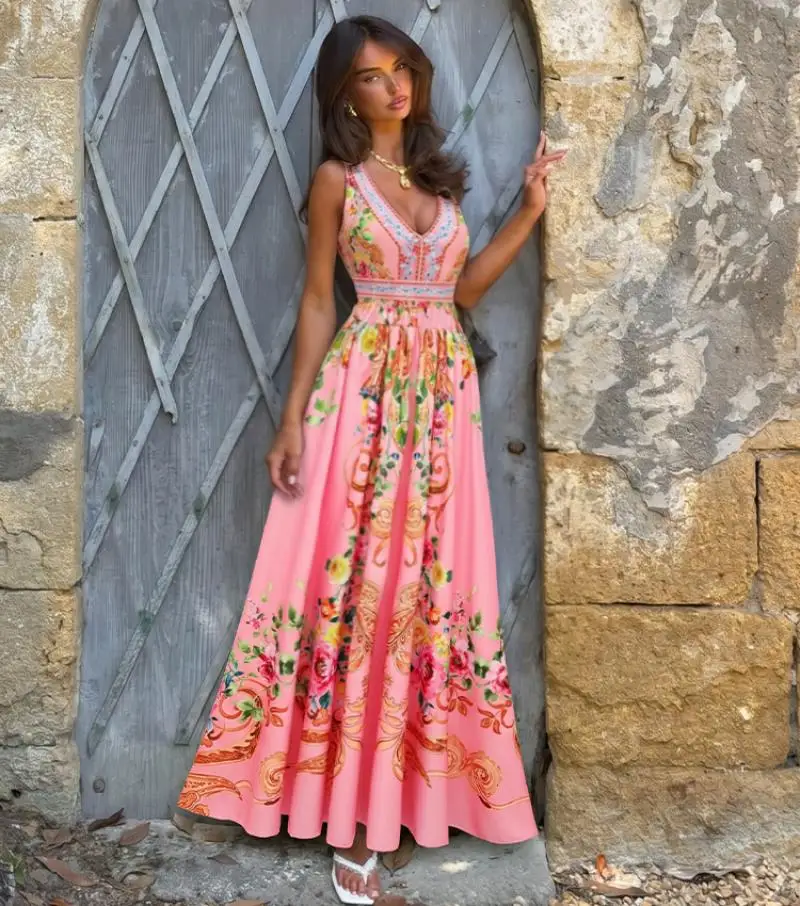 Flaxmaker Women 2026 Summer Pink Floral Paradise Print V-neck One Piece Swimsuit and Skirt Beachwear Biquini conjunto de