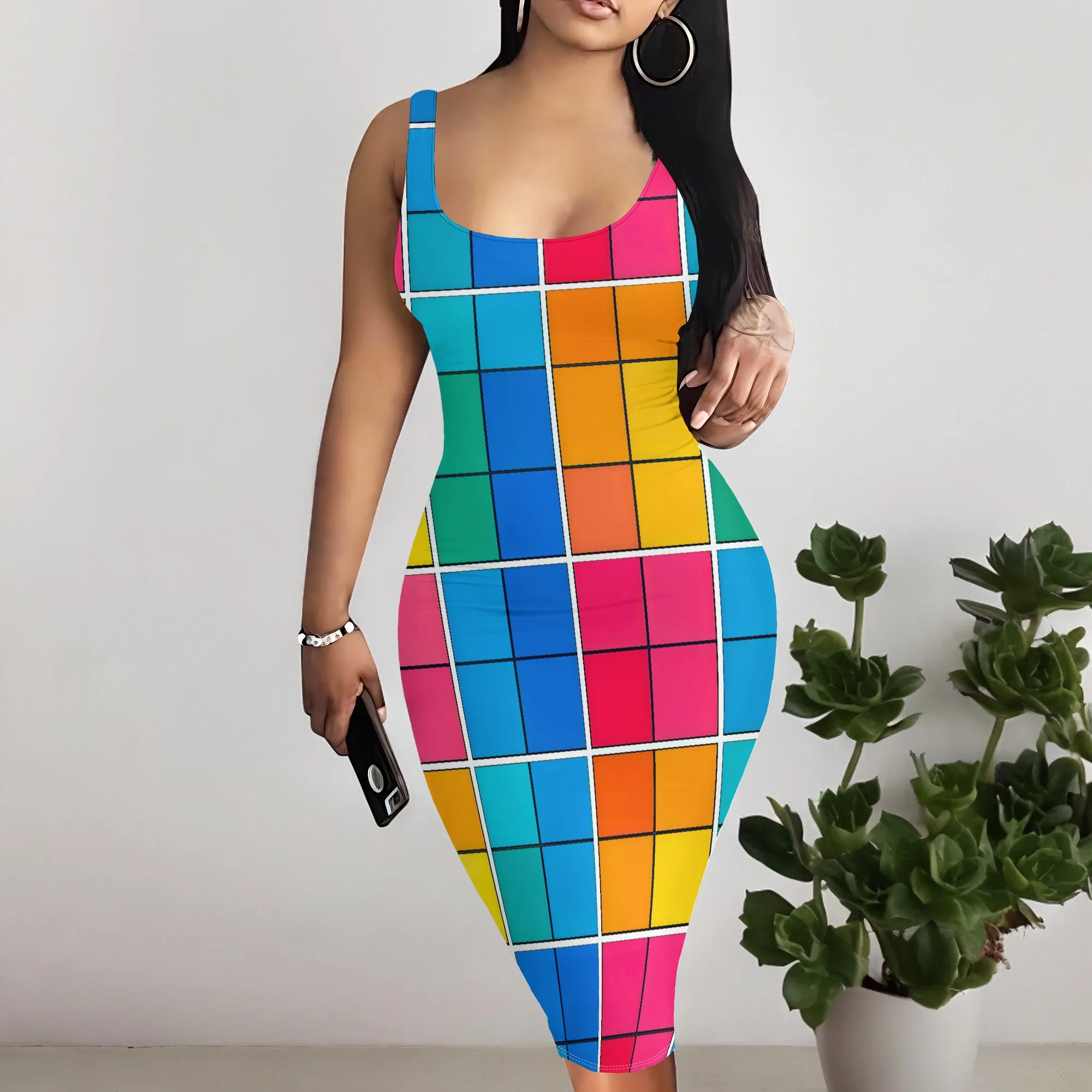 

Women's Colorful Plaid Bodycon Dress | Pop Art Sleeveless U-Neck Midi Dress S-3XL