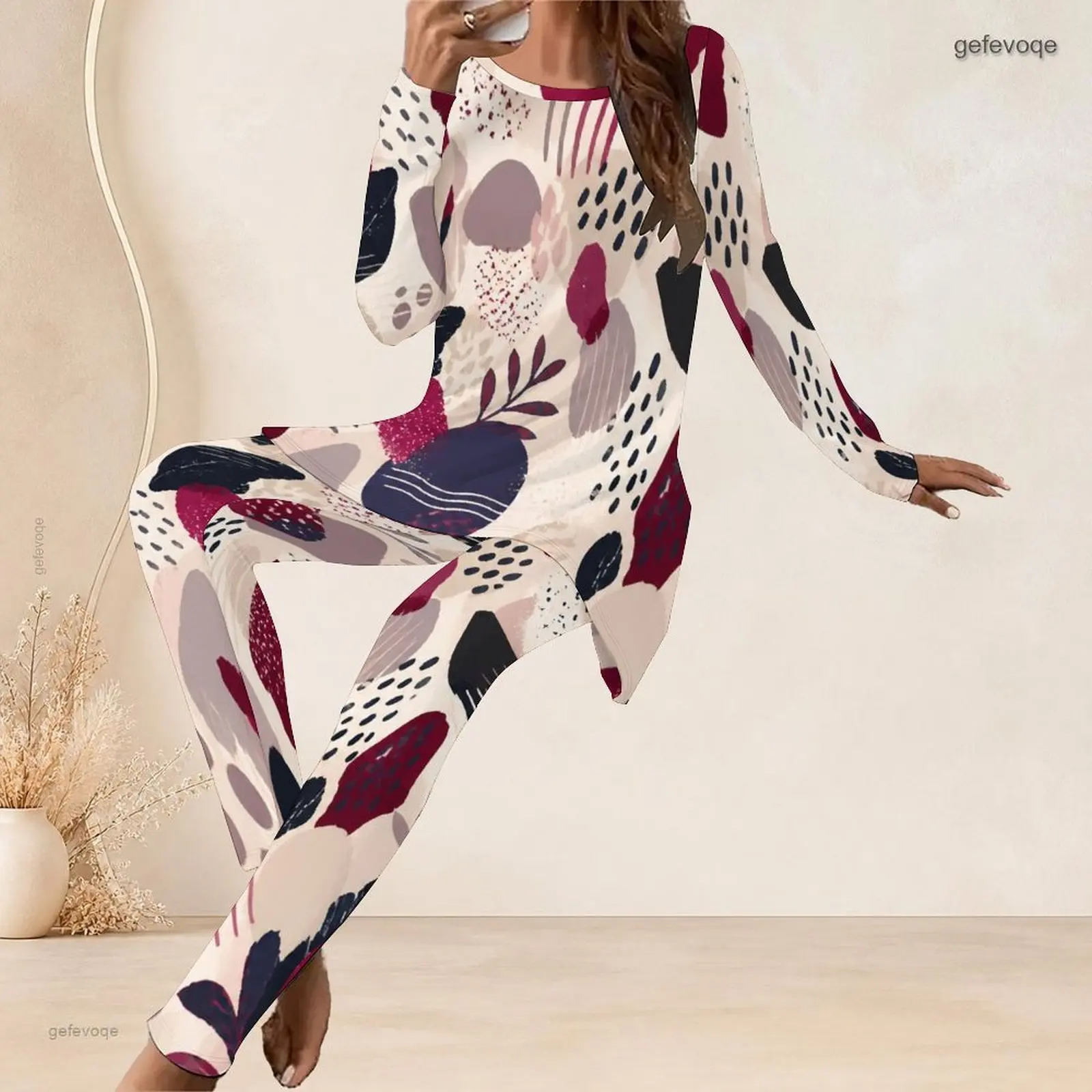 Printed Pants Set for Women Round Neck Long Sleeve Longline Top Fitted Pants Two Piece