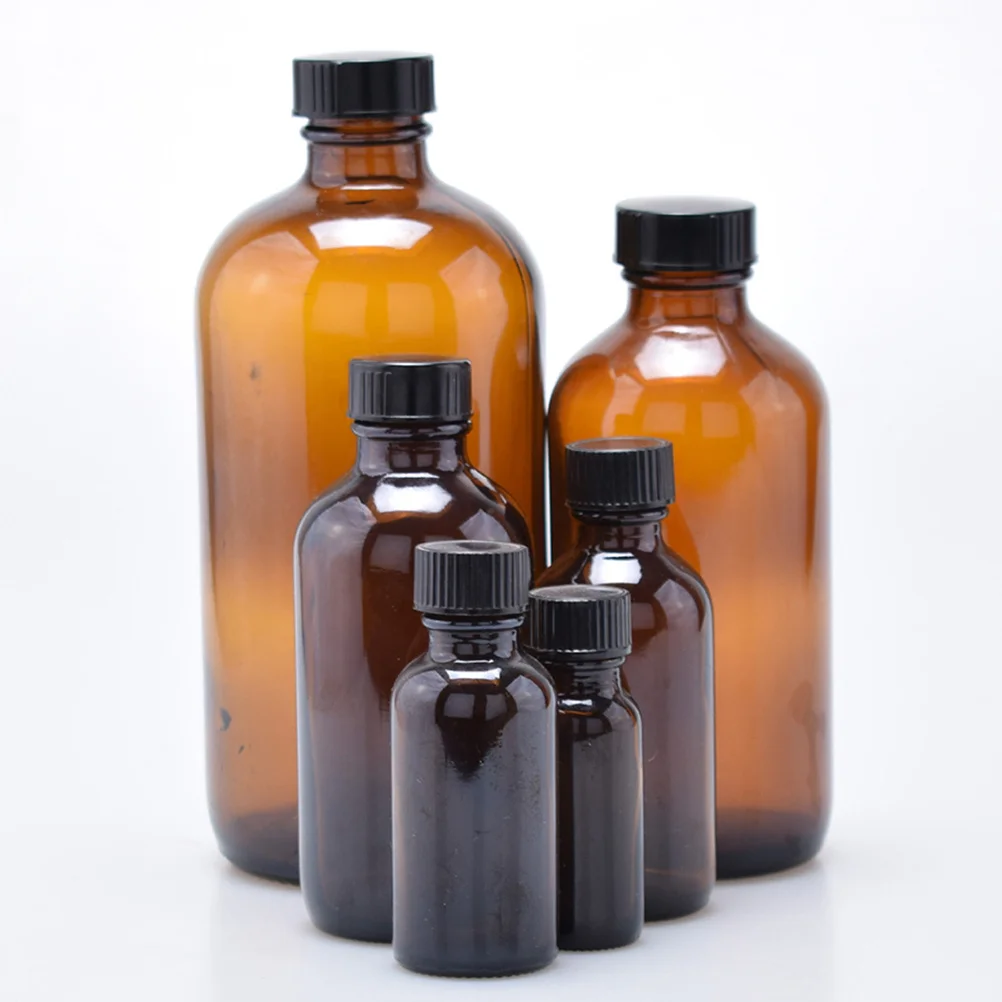 

4Pcs Amber Boston Round Glass Bottles with Black Bakelite Cap Refillable for Essential Oils Perfumes Laboratory Use