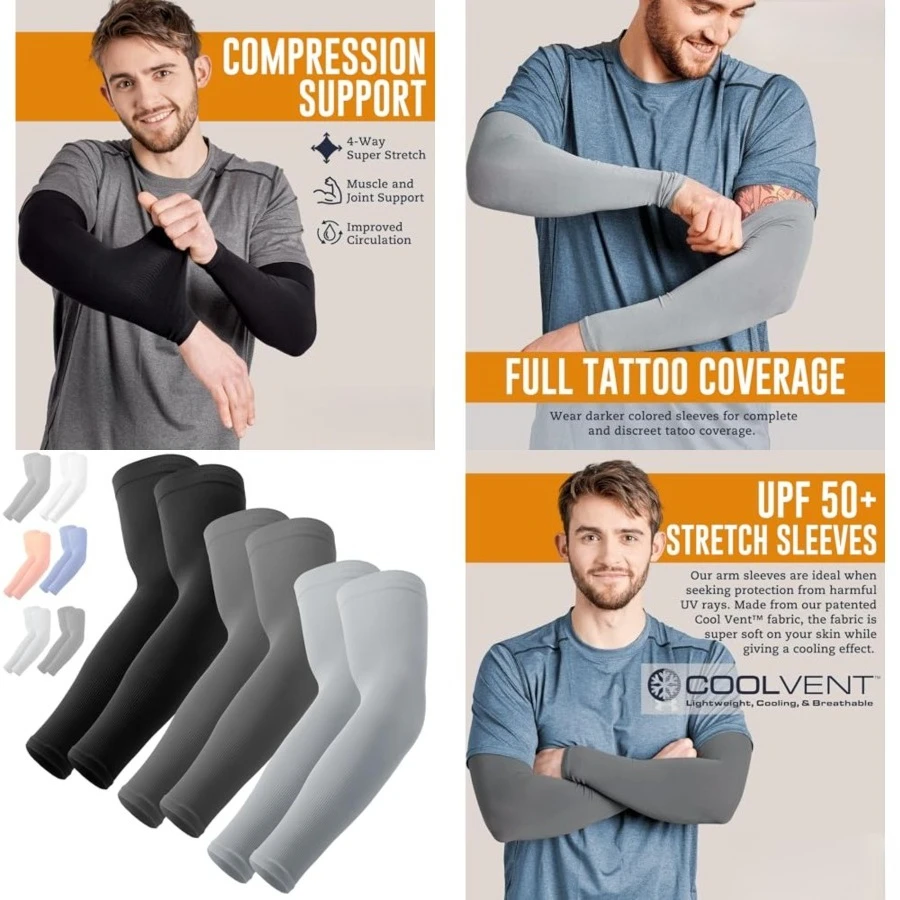

UV Sun Sleeves for Men & Women, Cooling Arm Sleeves UPF 50+ | Golf, Tattoo Cover Up, Sun Protection, (3 Pairs): 1 Black, 1 Dark Gray, 1 Light Gray