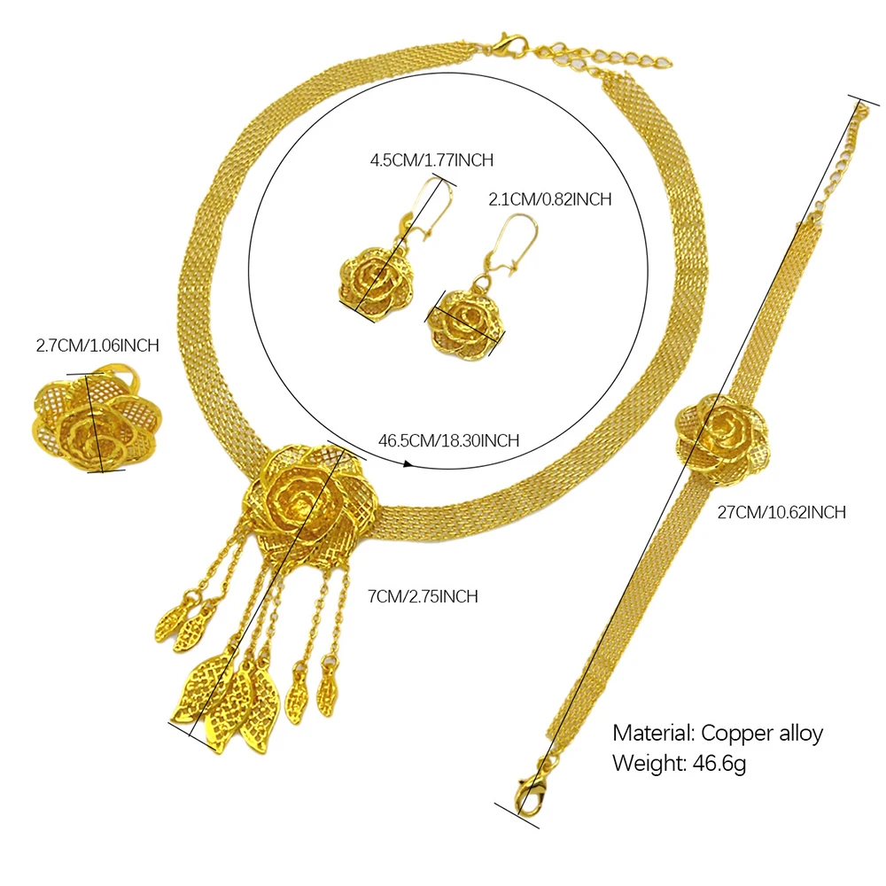 4 pcs Dubai bride golden flowers set of women's party jewelry luxury Non-fading wedding necklace earrings bracelet ring set image 4