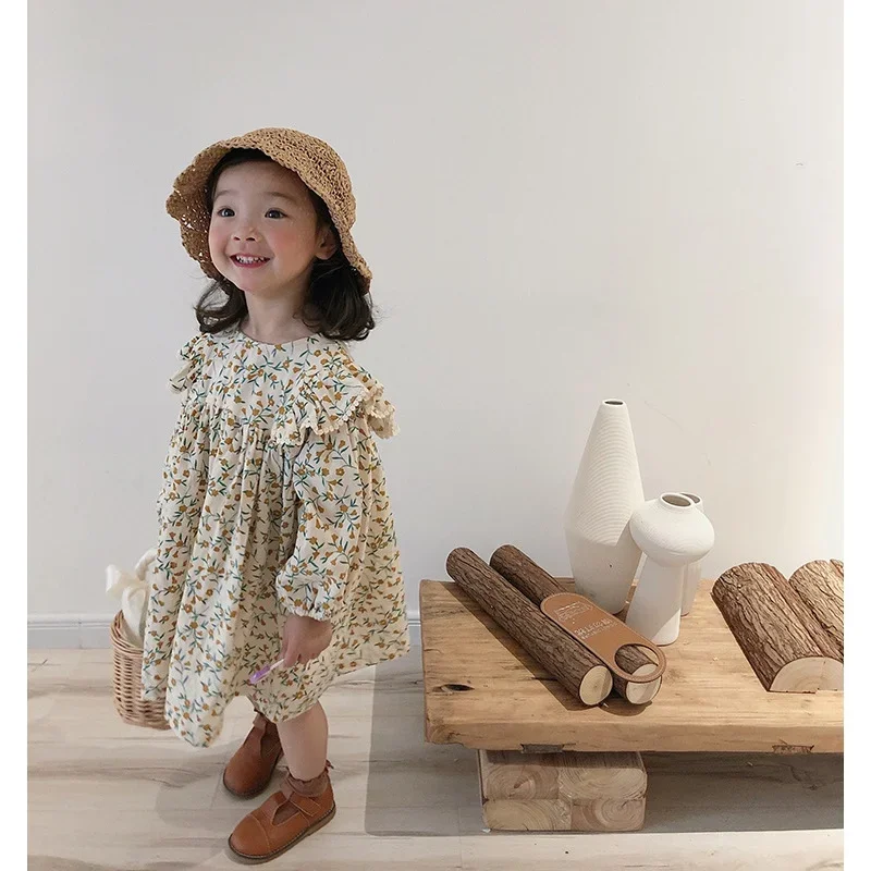 Spring Autumn New Girls' Baby Long-Sleeved Korean-Style Cotton And Linen Floral Doll Dress Children Grac