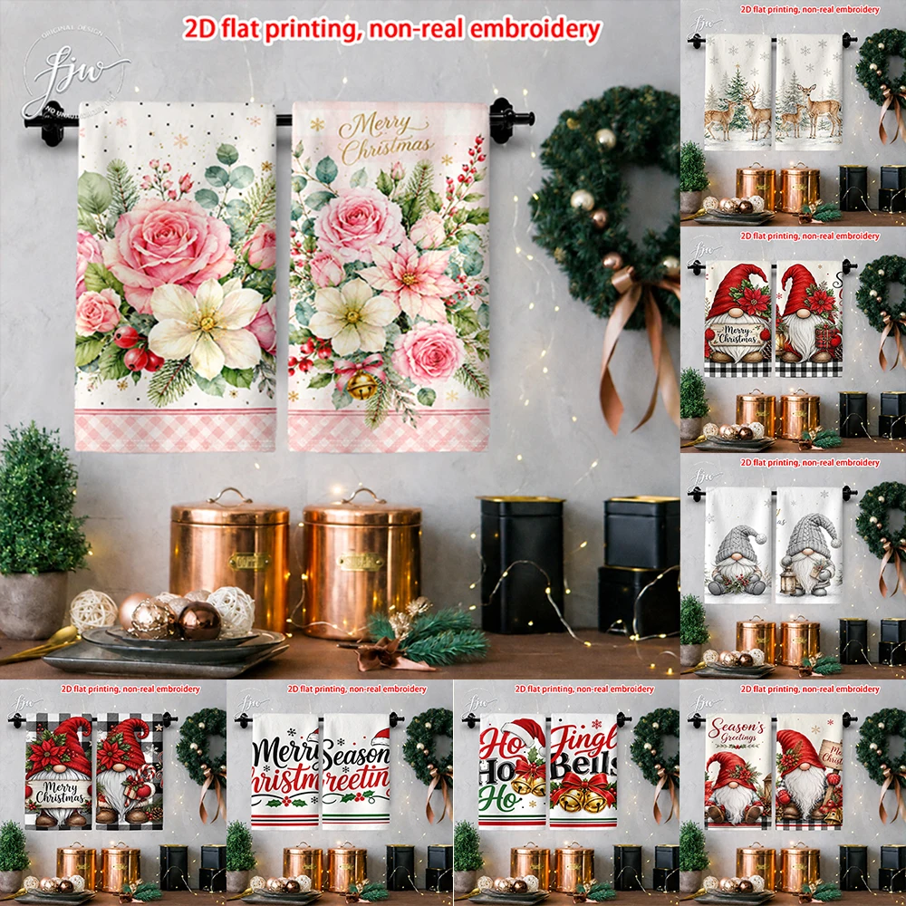 2pcs Christmas Kitchen Towels Set of 2 2D Flat Printed Xmas Floral Gnome Holiday Dish Towels for Winter Home Decor