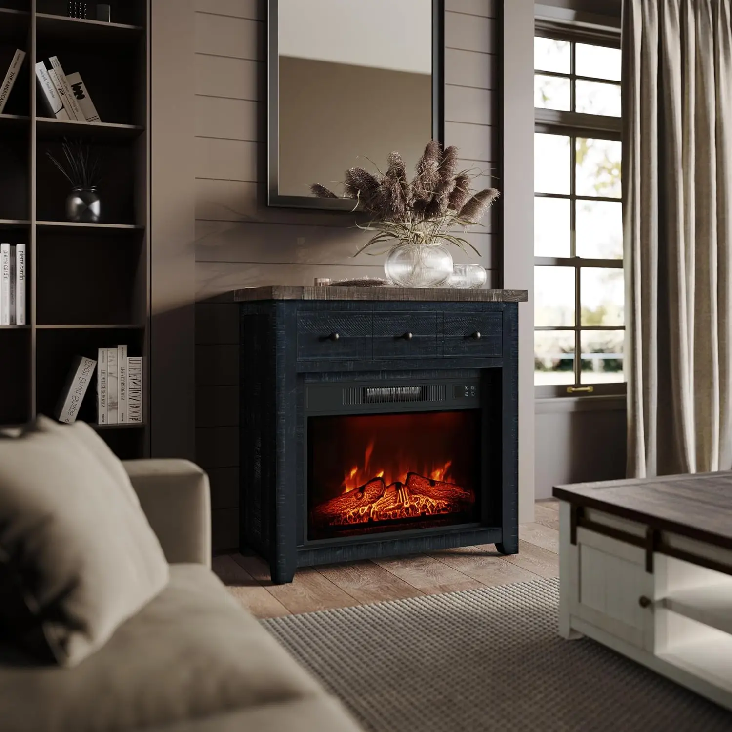 Electric Fireplace TV Stand with Drawer, Rustic Wood Media Cabinet for Living Room, 32