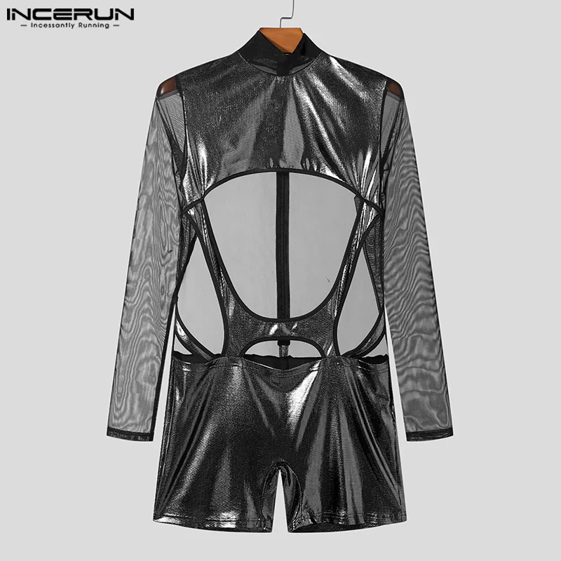 Fashion Casual Style Homewear IINCERUN 2024 Men\'s Flash Fabric Splicing Jumpsuits Sexy Long Sleeved Hollow Thin Bodysuits S-5XL