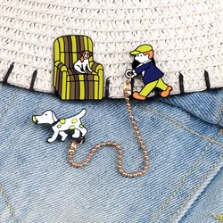 Cartoon Pet Dogs Brooches Cute Hat Boy Walking Dog Enamel Pins Metal Chain Animals Badges Denim Lapel Bag Jewelry Gifts for Kids