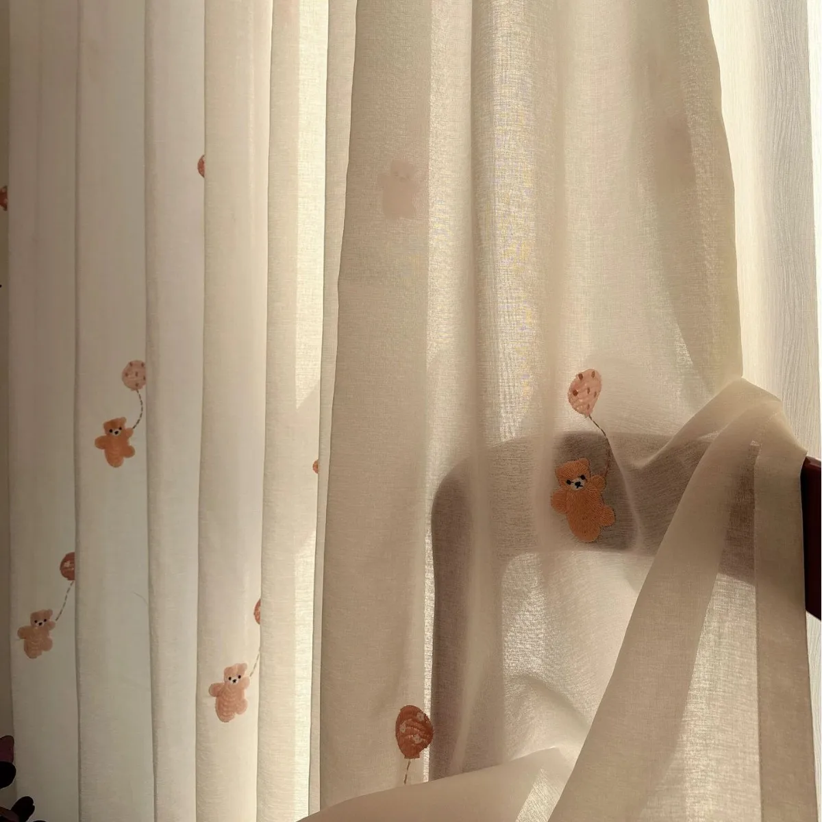 Embroidered Teddy Bear Cartoon White Window Screen Curtains for Living Room Bedroom French Window Balcony Window Customized