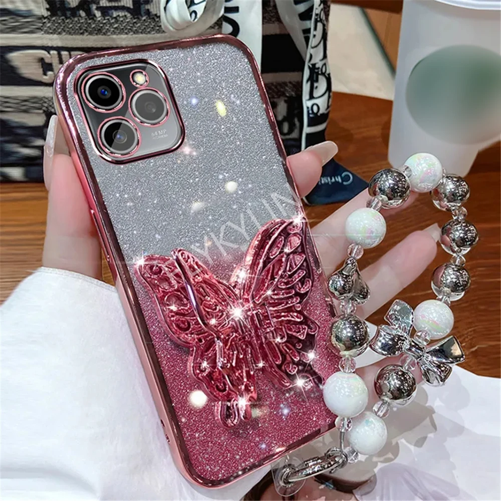 Honor 200 Pro 3D Butterfly Phone Holder Bead Bracelet Glitter Plating Case For Honor 200 90 100 80 70 60 50 Pro SE Stand Cover