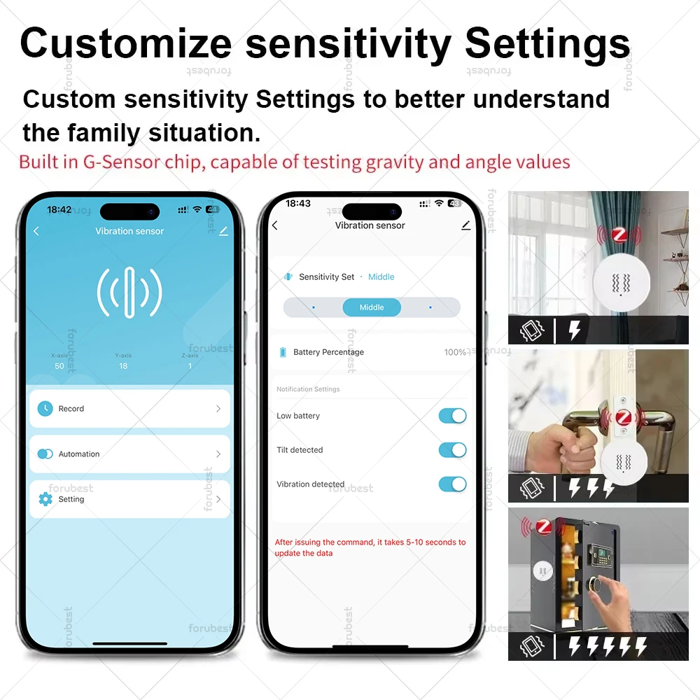 Tuya-ZigBee Vibração Sensor, Casa Inteligente, Monitoramento em Tempo Real, App Controle Remoto, Autodefesa, Proteção de Segurança, Alarme Detector