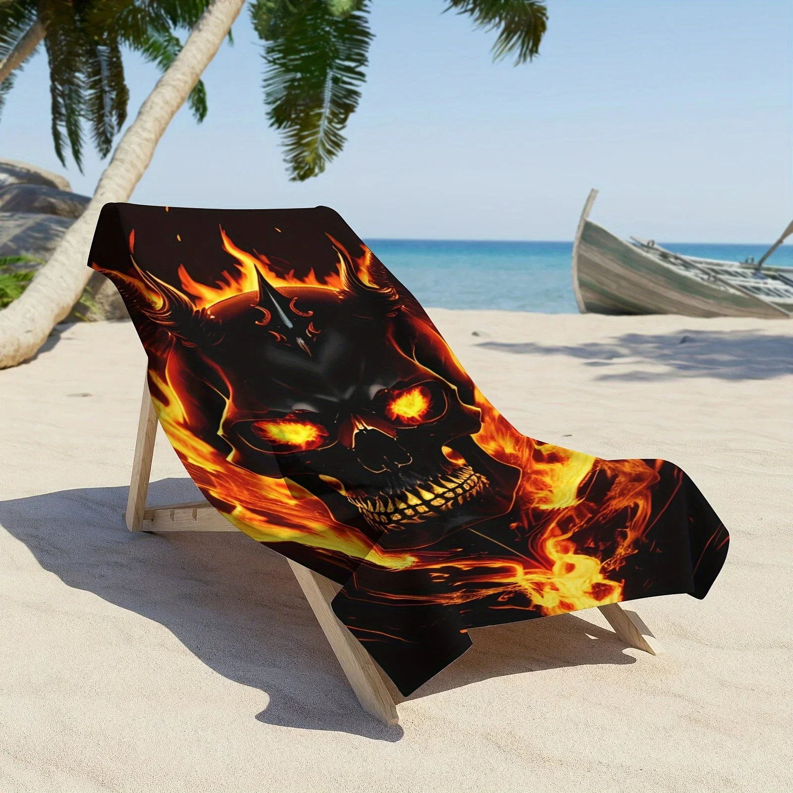 Custom Demon Skull Fire Flame Printed Beach Towel Polyester Soft Quick Dry Large Bath Towel Summer Swimming Pool Surfing Blanket