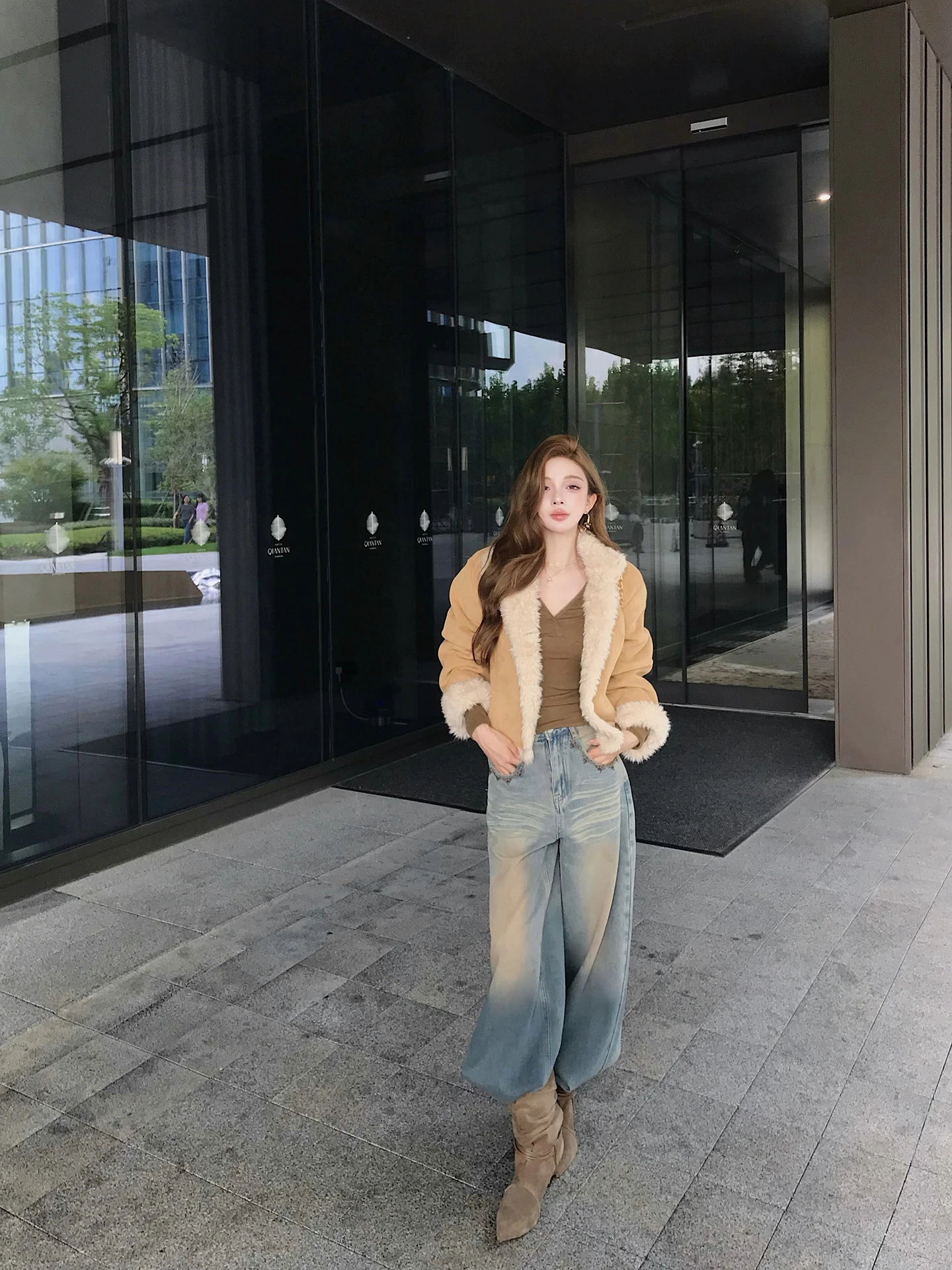 Thiened Lamb Velvet Jaet Casual damesjas met lange mouwen en hoge kraag, warme herfst-winter suède bovenkleding