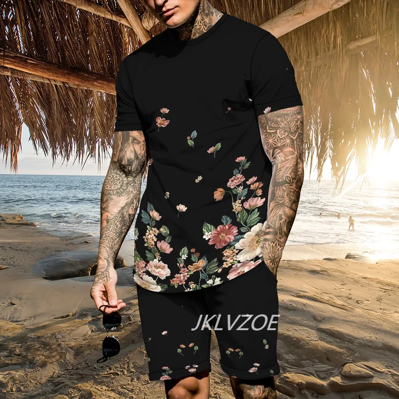 Summer men's 3D printed T-shirt set two-piece men's T-shirt short sleeved+shorts casual sports set