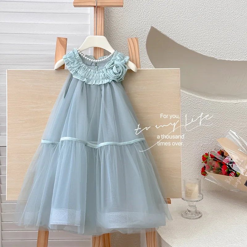 Girls Dress 2025 Summer New Korean Foreign Princess Dress Flower Sleeveless Mesh Skirt Fluffy Skirt