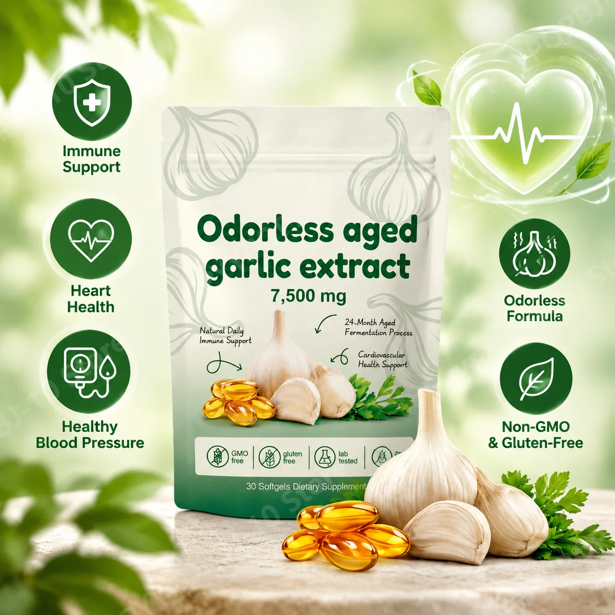 Heart Immune Blood Pressure Support Odorless Aged Garlic Extract 7500mg Softgels, 24-Month Fermented, Non-GMO Gluten-Free, 30 Ct