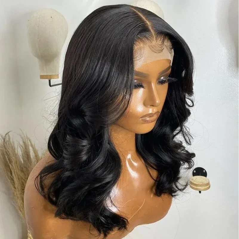ベビーヘア付きボディウェーブレースフロントウィッグ、合成、接着剤なし、ショート、ブラック、ソフト、デイリーウェア、16インチ、180密度