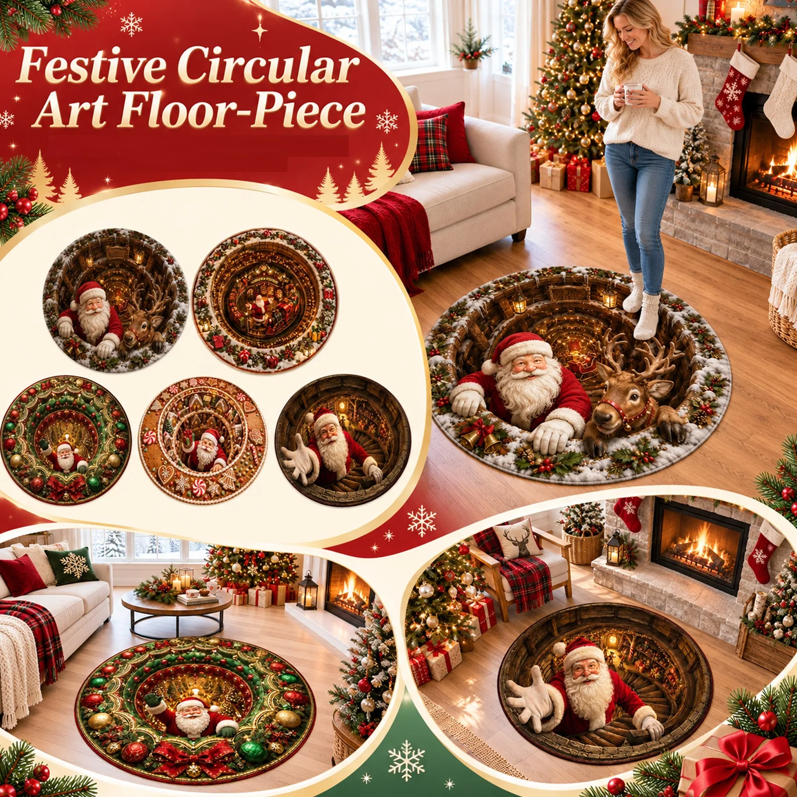 3D Visual Round Christmas Doormat Holiday Floor Rug Xmas Entrance Mat Christmas Indoor Home Porch Festive Decor