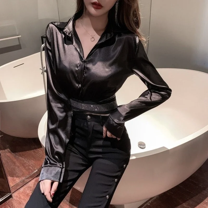 

Clothes Rhinestones Tops for Women Spring Womens Shirt & Blouse Long Sleeve Sexy Crop Korea Stylish Korean Style Cool Trend 2024