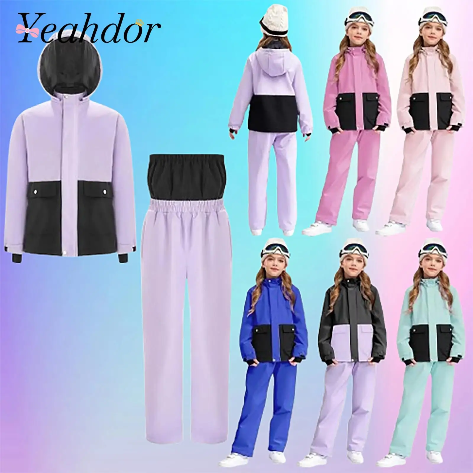 

Girls Ski Suit Skiing Jacket Kids Hooded Snow Suits Children's Snowboarding Outfits for Outdoor Snow Sports Sets Coat with Pant