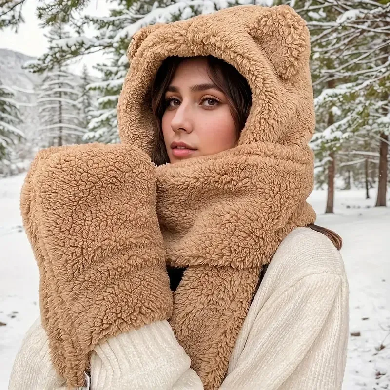 Winter Bear Ear Fleece Headwear Set for Women Warm Polyester Hat Scarf Glove Combo for Outdoor Christmas or Back to School Gift