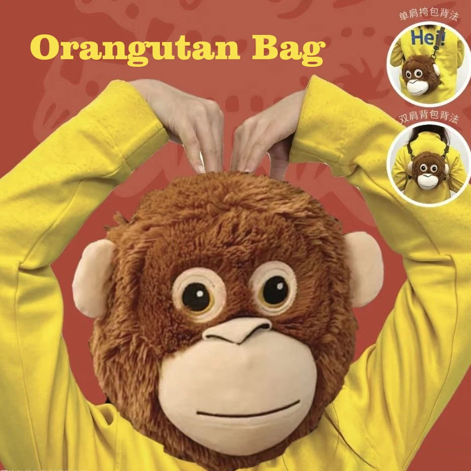 Gorilla Orangutans Pongo Monkey Head Crossbody Bag Satchel Shoulder Package Plush Toy Stuffed Doll Cartoon Animal Boy Girl Gift