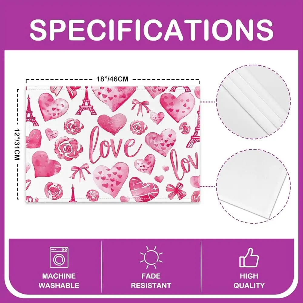 4 قطعة المفارش قلوب الحب 12x18 بوصة الحصير مكان عيد الحب لتناول الطعام طاولة الفناء رومانسية الورود الزهور زوجين #4