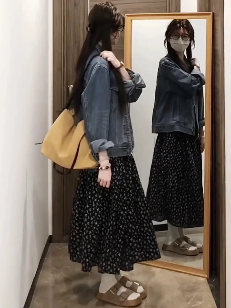 Retro Floral Half-length Skirt Women's Spring Summer New High Waist Slim A-line Midi Umbrella Skirt Commute Simple Style