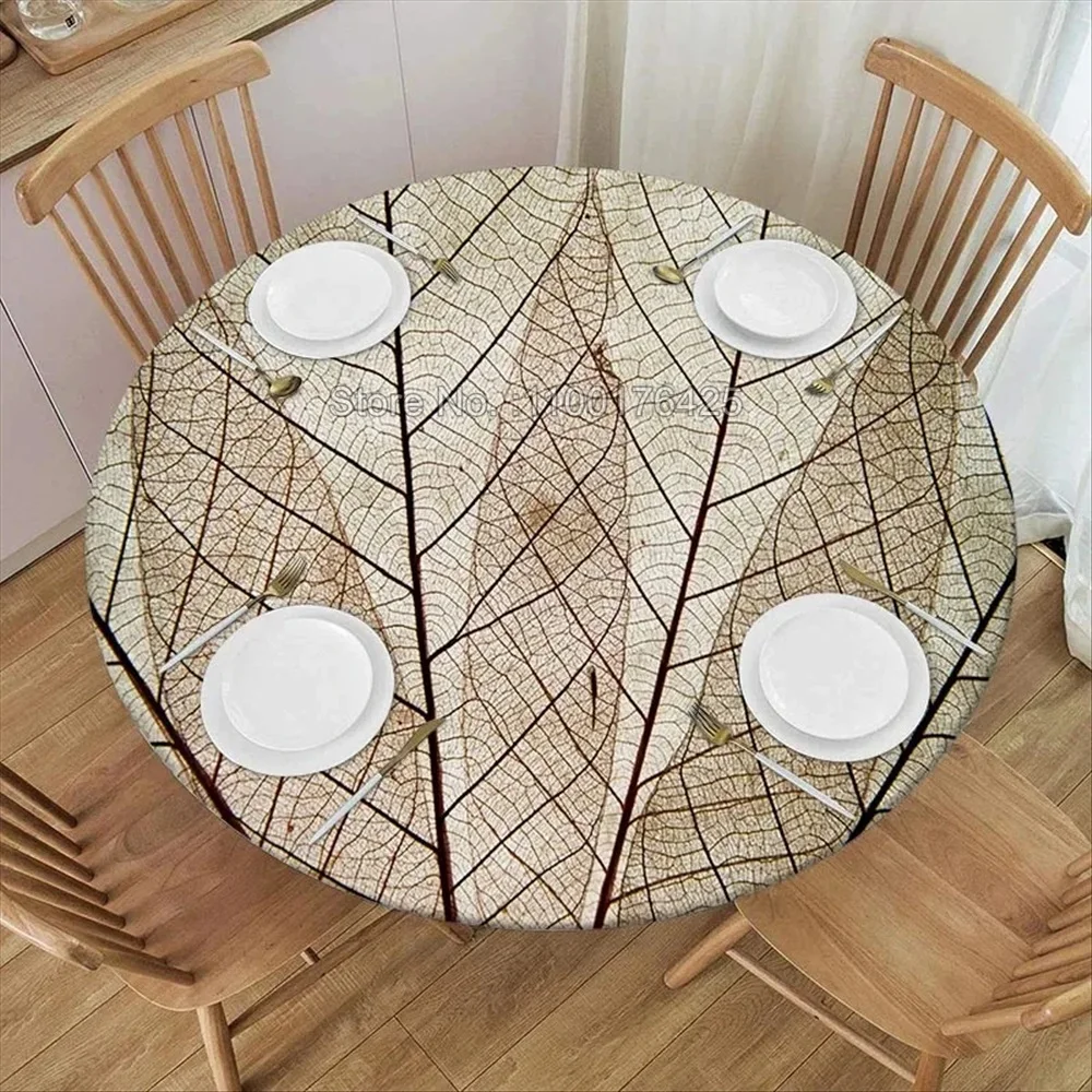 Leaf Texture Round Tablecloth Waterproof Elastic Fitted Table Covers for Indoor Outdoor Kitchen Table Decor Home Party Picnic