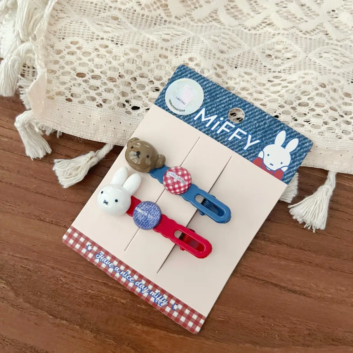 Conjunto de pinzas para el pelo de conejo Miffy, accesorios para el cabello femeninos de dibujos animados, pinza para el pelo de vaquero a cuadros para niña, accesorios Kawaii
