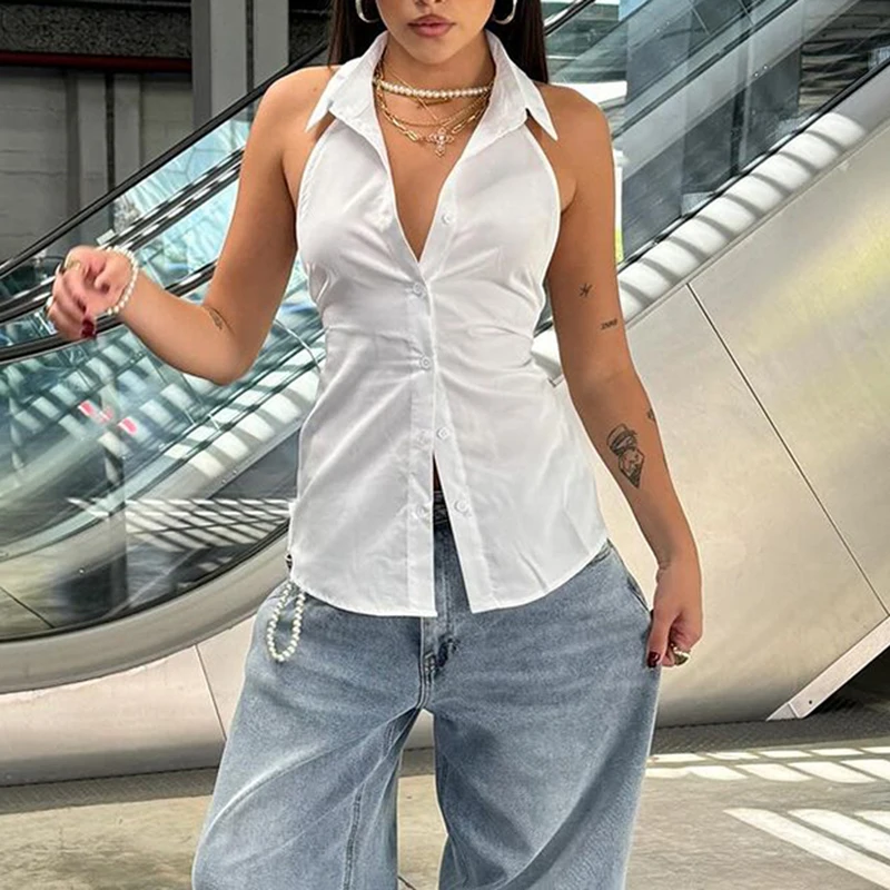 Darlingaga Fashion Backless White Blouse Top Sexy Solid Tie-Up Bow Design Chic Halter Neck Shirts Sleeveless Streetwear Outfits