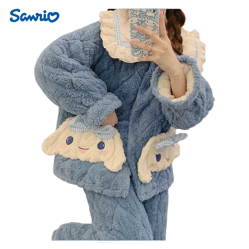 Sanrio Cinnamoroll Flannel Winter Pajama Set  Cute Cartoon for Girls with Thick and Fleece Home Bedroom Clothes Student Gifts