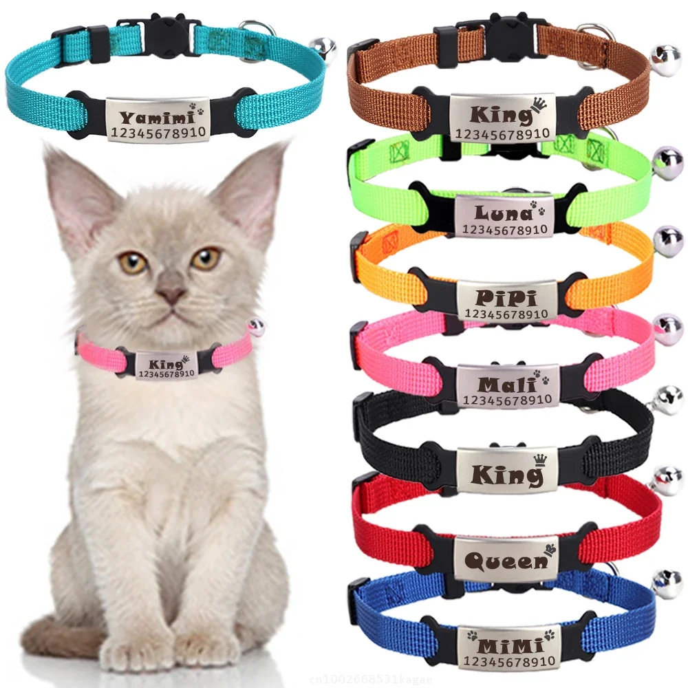 Personalized Cat Collar with Bell Safety Buckle Customized Nametag Puppy Kitten Necklace Free Engraved name ID tag Nameplate