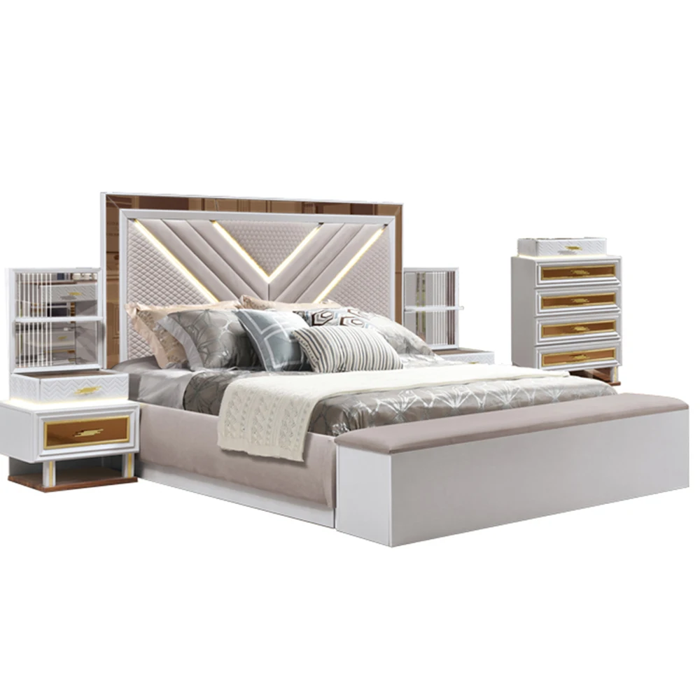 &Mirror Canopy Bed Teak Wood Double Designs Soft Synthetic Leather Wardrope Bedroom Furniture Set