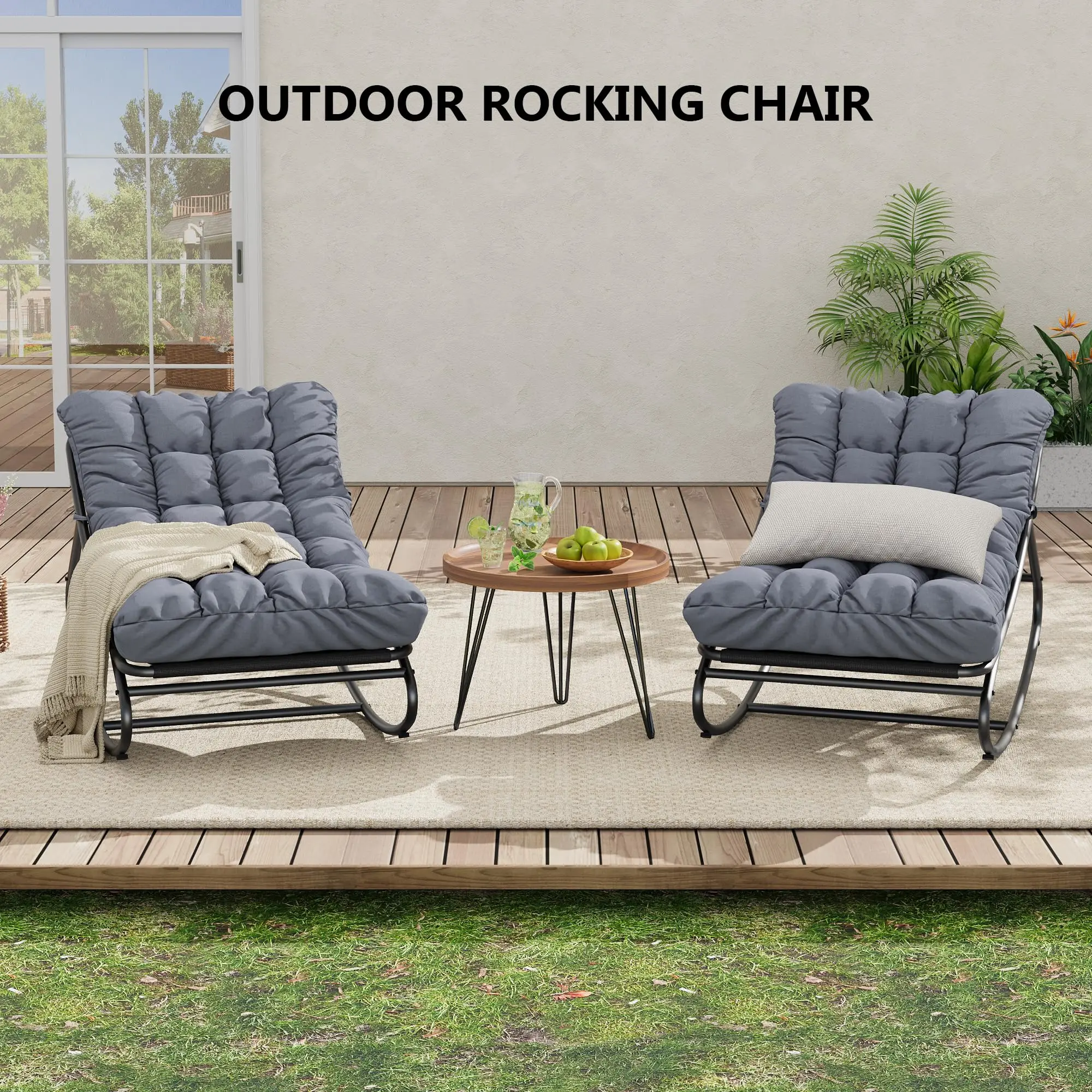 Oversized Patio Rocking Chair - Heavy Duty Metal Lounge Rocker, 400 lbs Capacity, Thick Cushions, Weather-Resistant, Comfortable Indoor & Outdoor Recliner for Porch, Garden, Backyard, Balcony, Grey