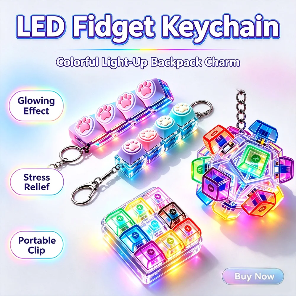Muti-Style LED Light Keyboard Keychain Sensory Fidget Toy Clickable Button Stress Relief Portable Desk Accessory Office Gifts