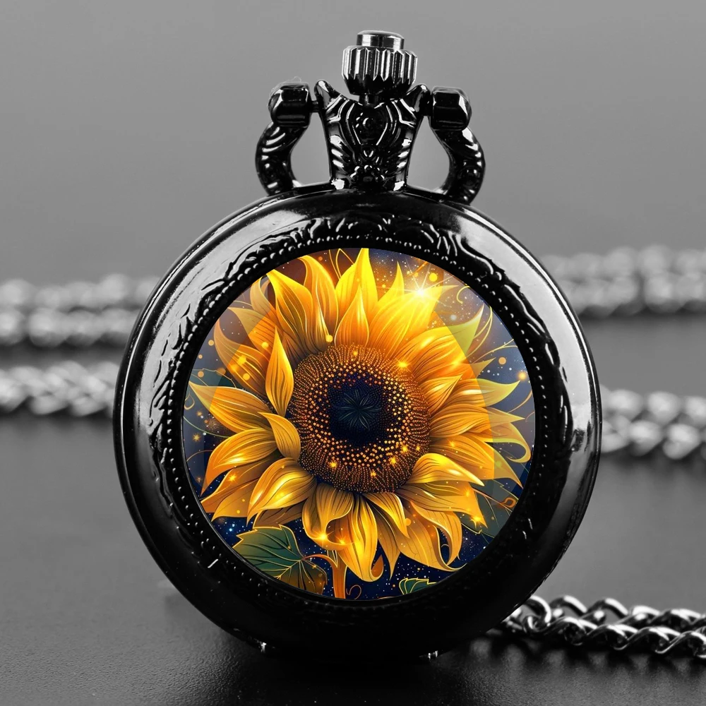 

Женские и мужские идеально подходят для подарков, кварцевые карманные часы со стеклянным куполом на тему подсолнечника с арабскими цифрами, циферблат, прочная цепочка