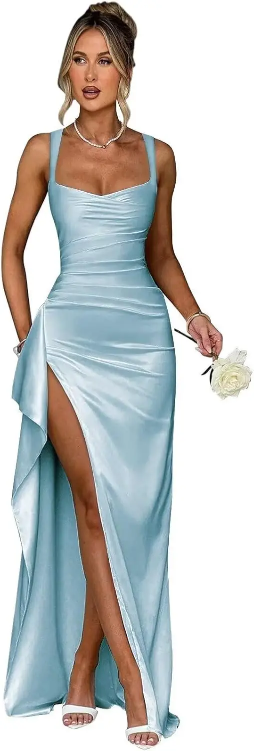 Damen-Abschlussballkleider aus Satin mit geschlitzten Spaghettiträgern, Meerjungfrau-Brautjungfernkleid, formelle Partykleider 2026