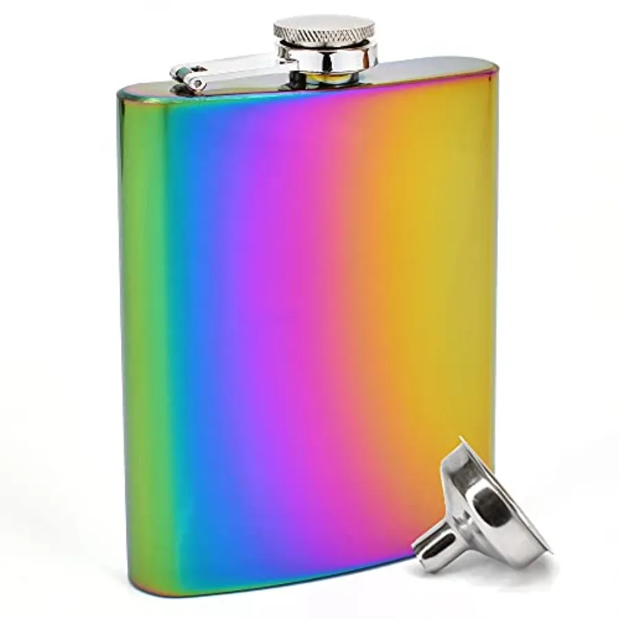 

- 8 oz Rainbow Electroplated Stainless Steel Hip Flask w/Funnel - Wedding Party - Groomsman - Bridesmaid