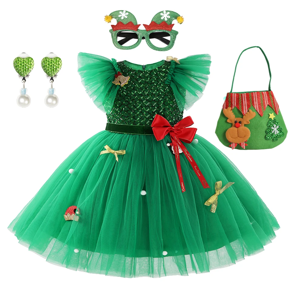 Children Girls Xmas Dress Green Elf New Year Clothing Christmas Tree Tulle Tutu Dress for Toddler Kids Holiday Ball Gown Outfits